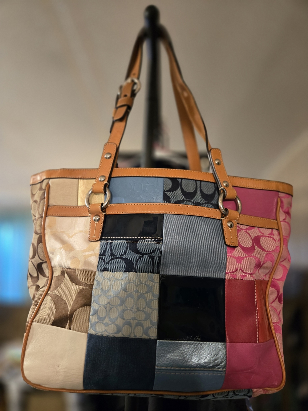 Coach Patchwork Multi-Color Tote Bag with Leather Trim Y2K